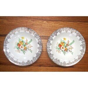 2 Vintage Edwin Knowles Floral Fruit Dessert Bowls beige orange Brown gold 1930s